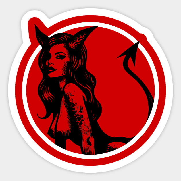 Devil Girl Linocut Sticker by n23tees